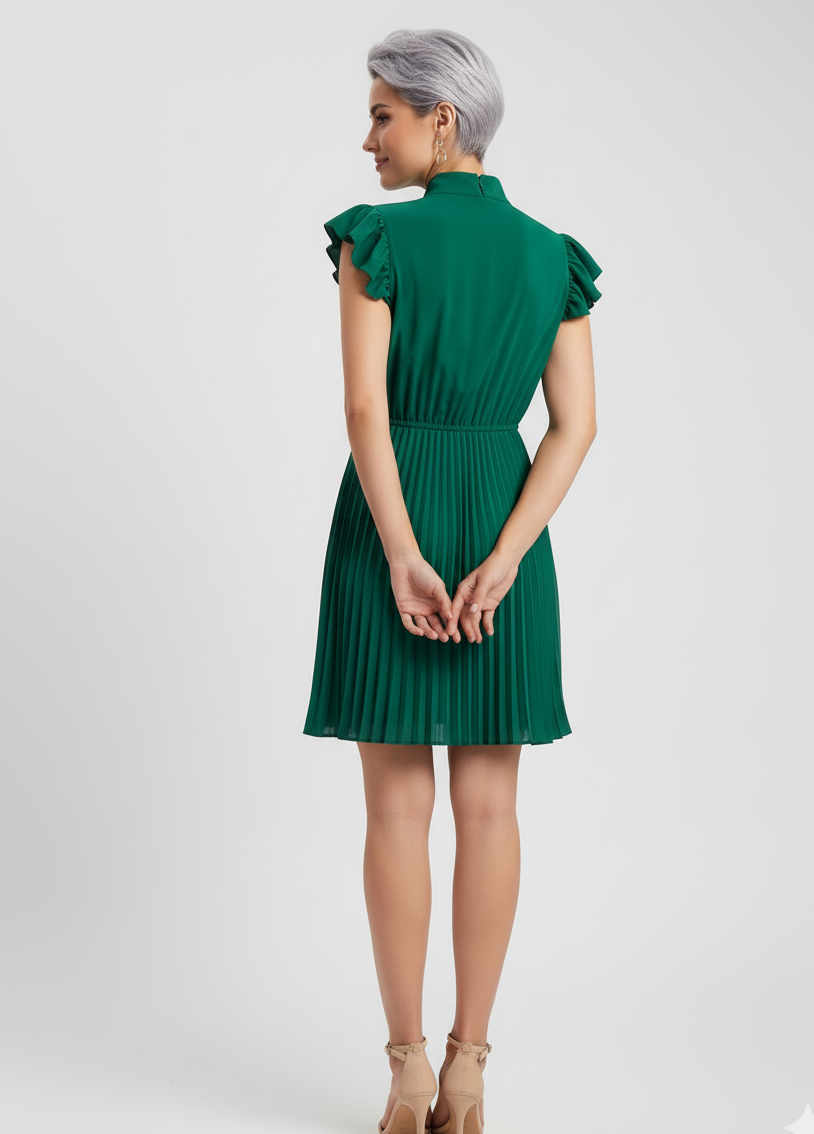 Pleated Tie-Neck Mini Dress