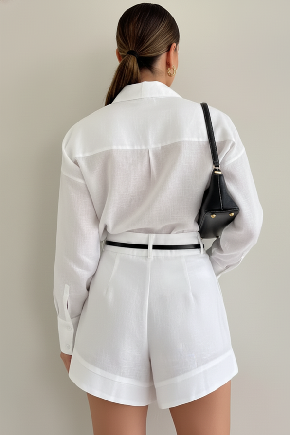 Long Sleeve Button Shirt and Tailored Shorts Set