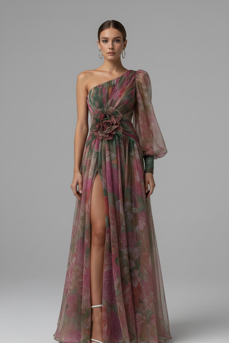 One-Shoulder Floral Tulle Gown