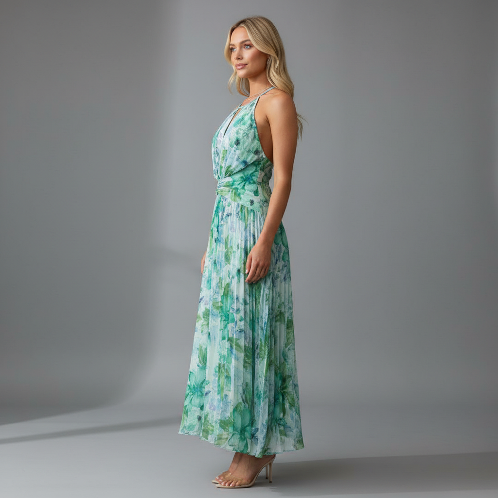Green Floral Halter Maxi Dress