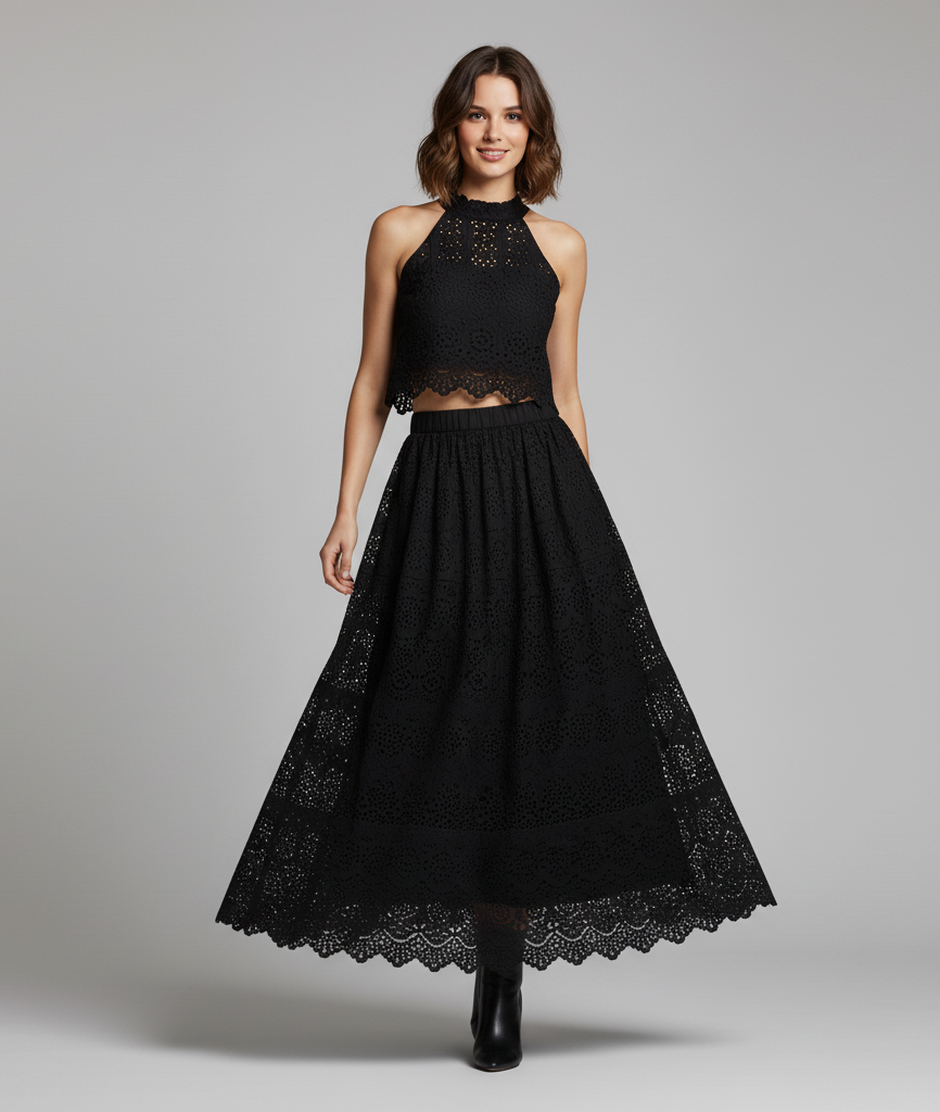 Embroidered Lace Crop Top Set