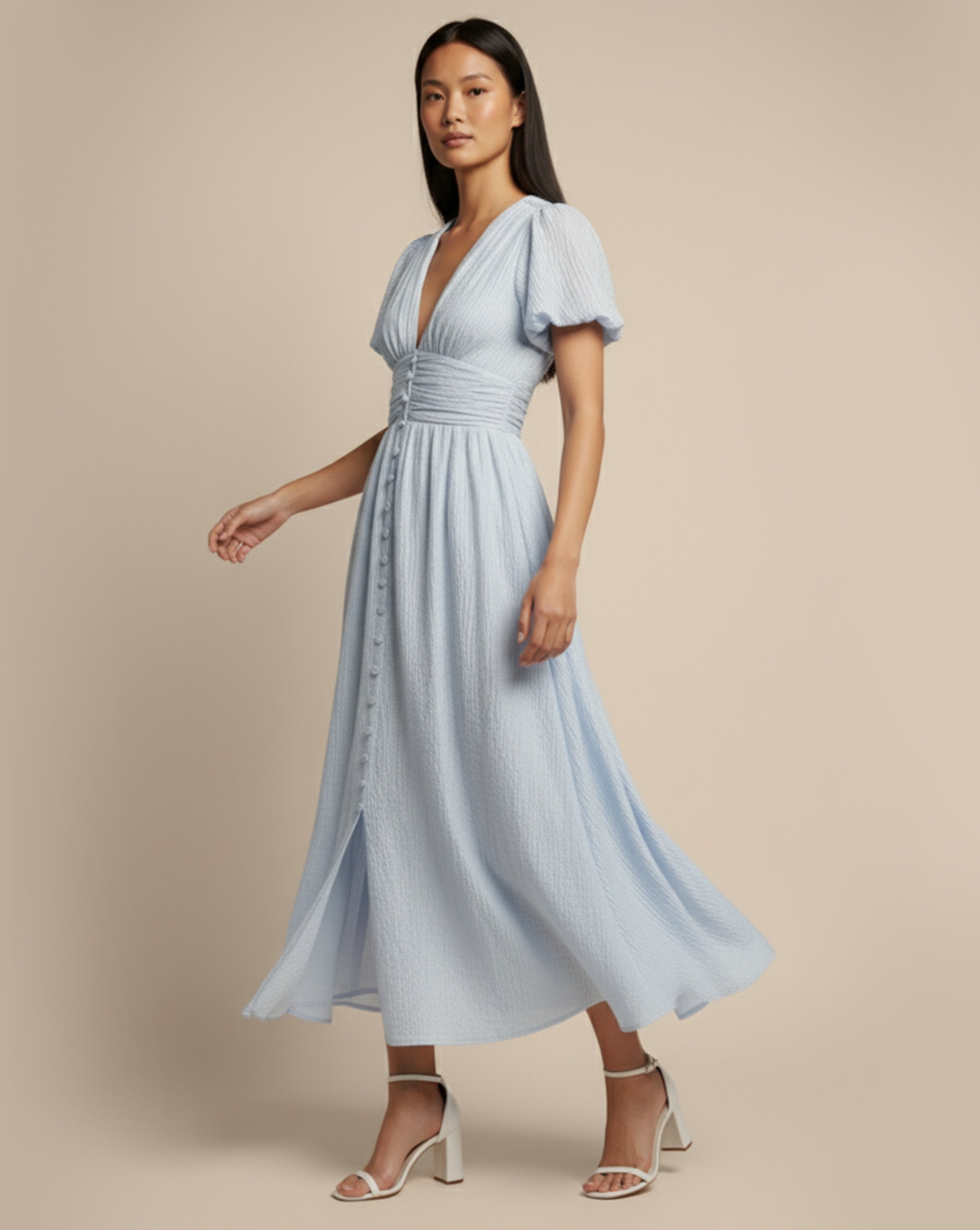 Soft Buttoned V-Neck Midi Dress