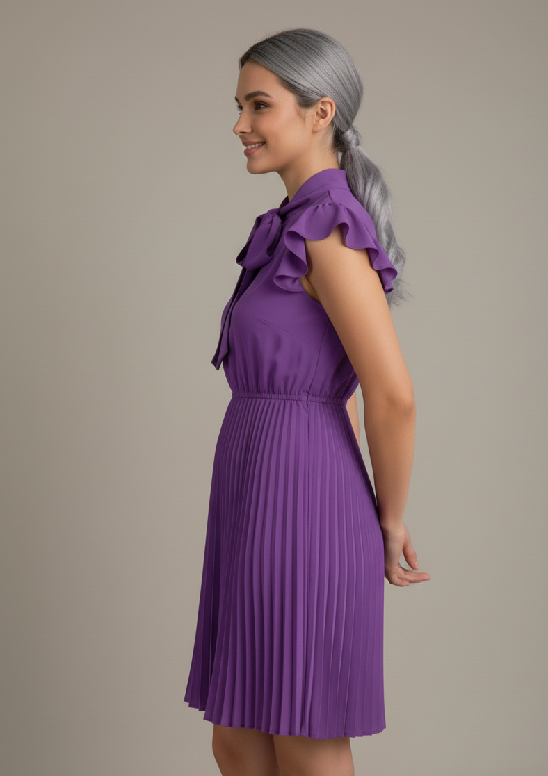 Pleated Tie-Neck Mini Dress