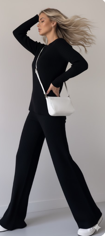 Turtleneck Knit Top and Wide Leg Pants Set
