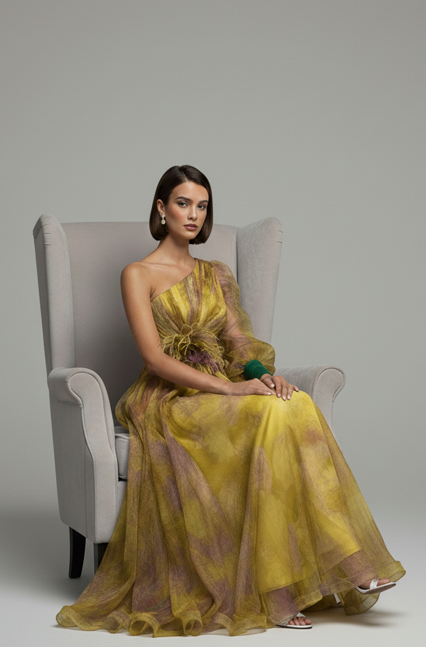 One-Shoulder Floral Tulle Gown