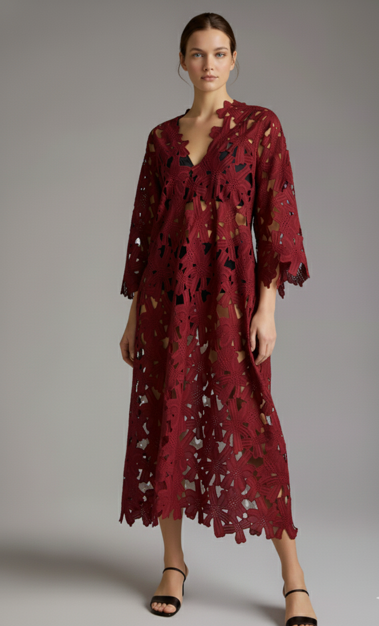 Elegant Lace V-Neck Midi Dress