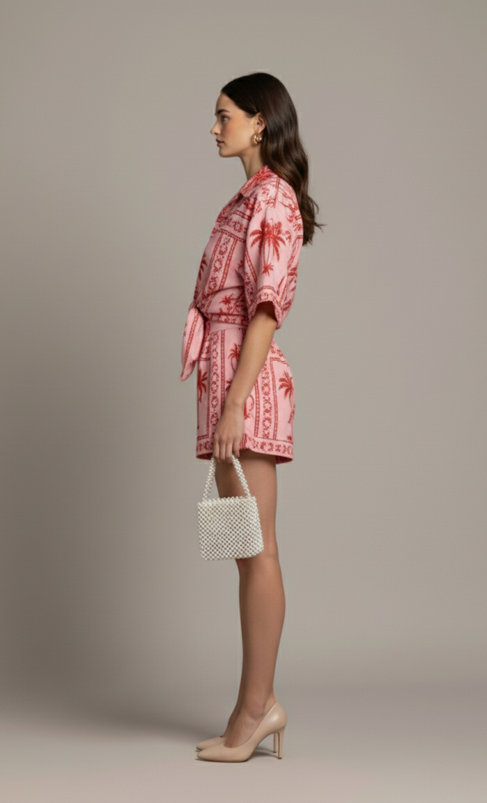 Tropical Print Short Sleeve Button-Up Shirt and High-Waisted Shorts Set