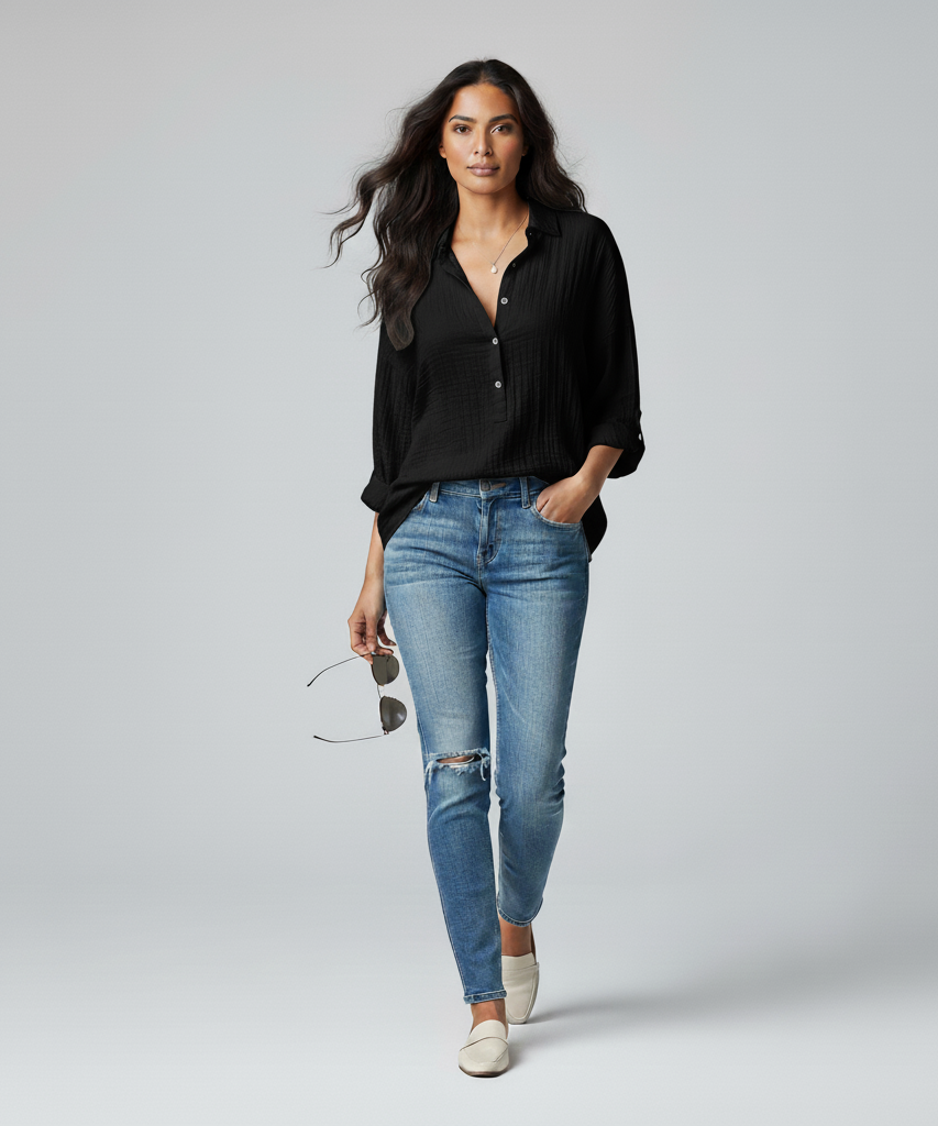 Drape Front V-Neck Long Sleeve Blouse