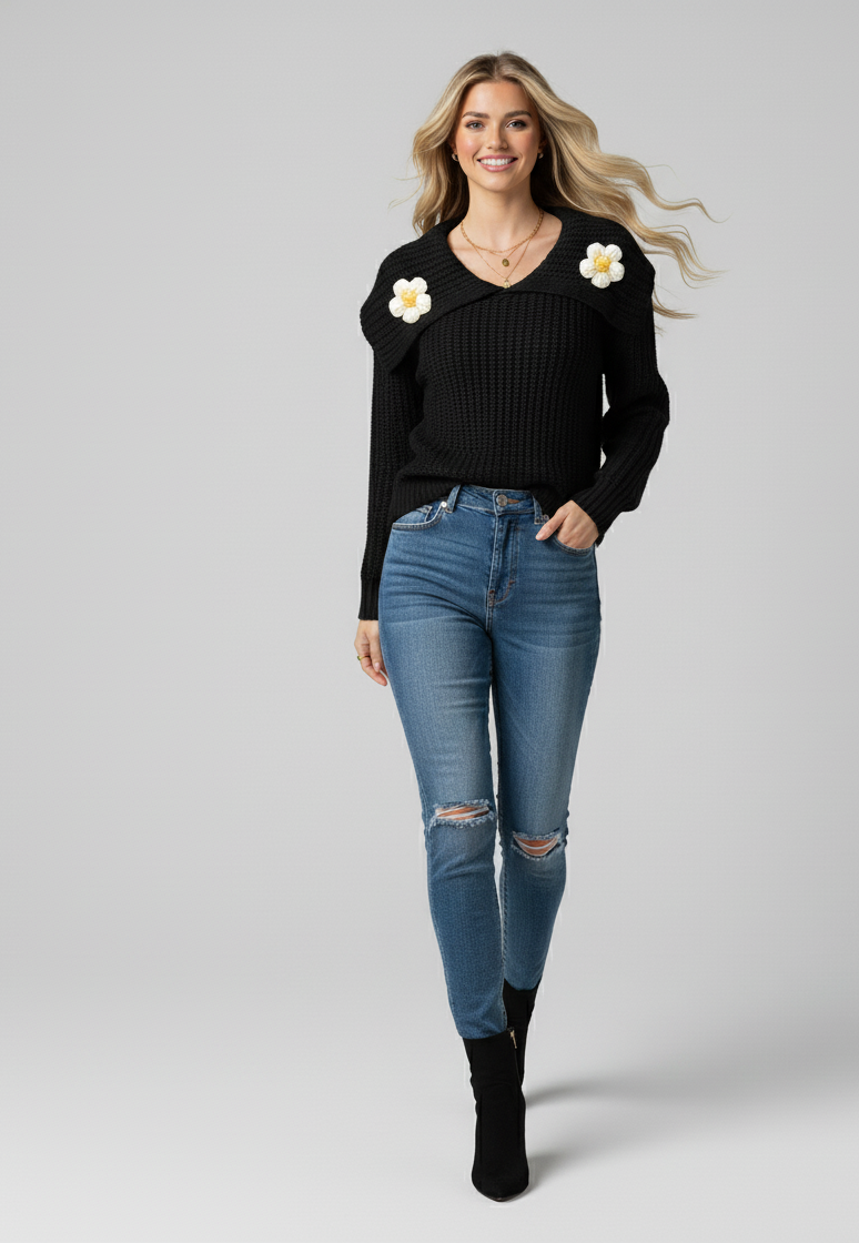 Daisy Collar Knit Crew Sweater