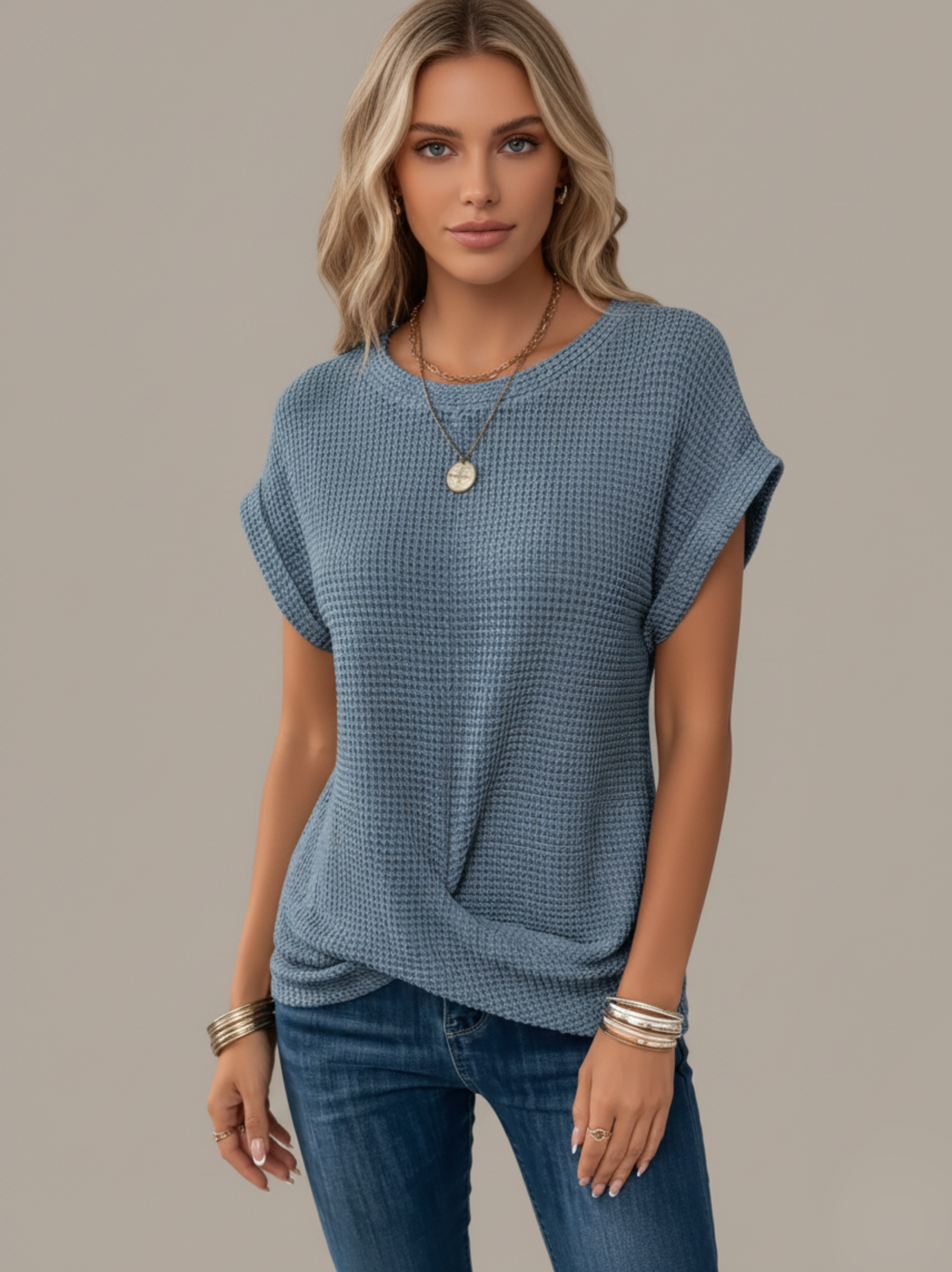 Textured Knit Short Sleeve Fitted Top