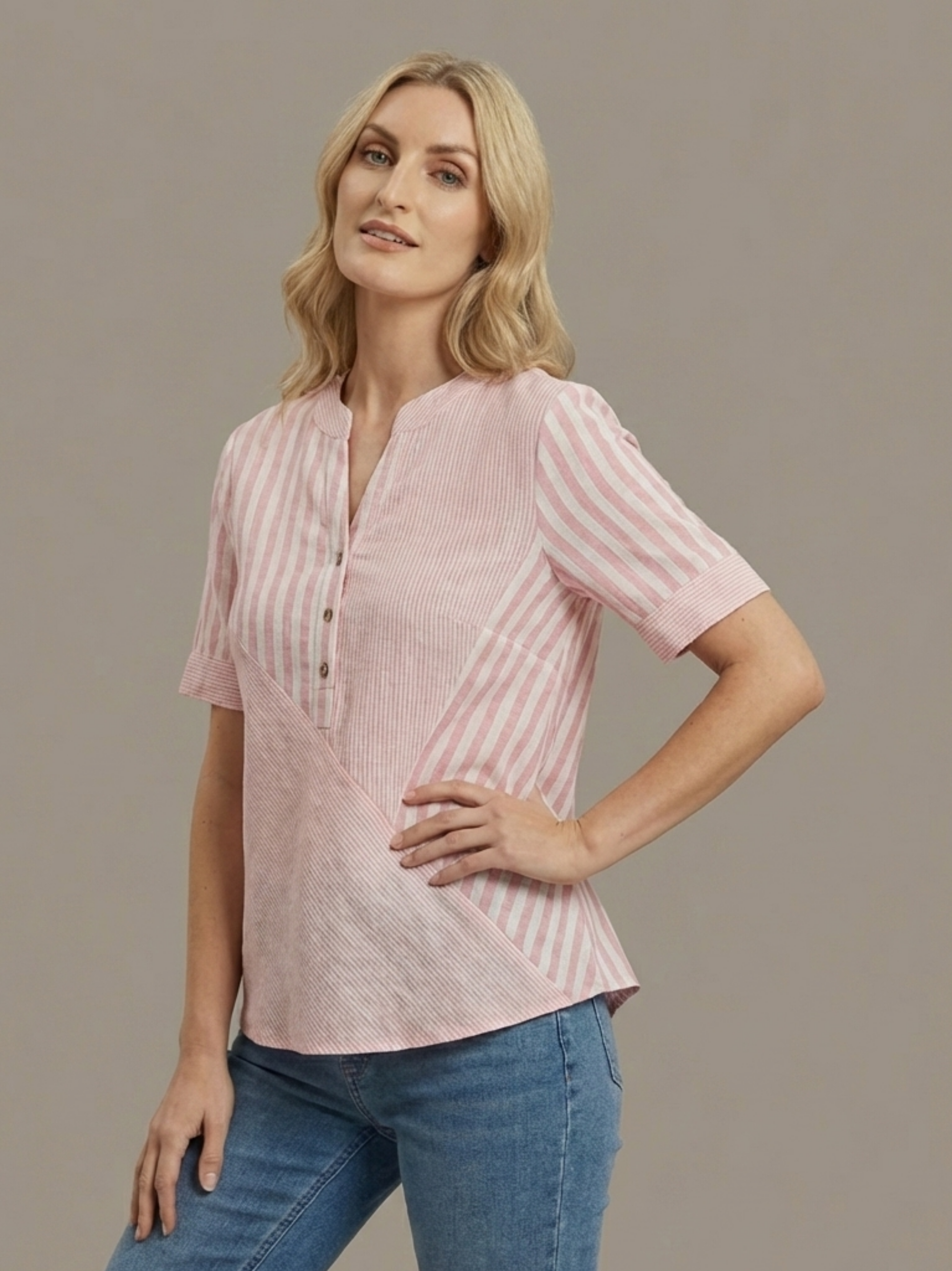 Striped Button Front Short Sleeve Blouse