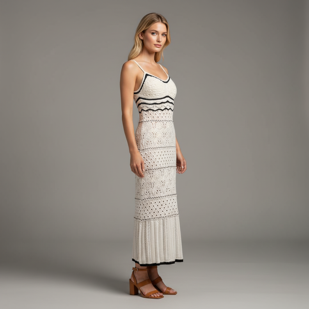 Sheer Crochet Panel Knit Maxi Dress