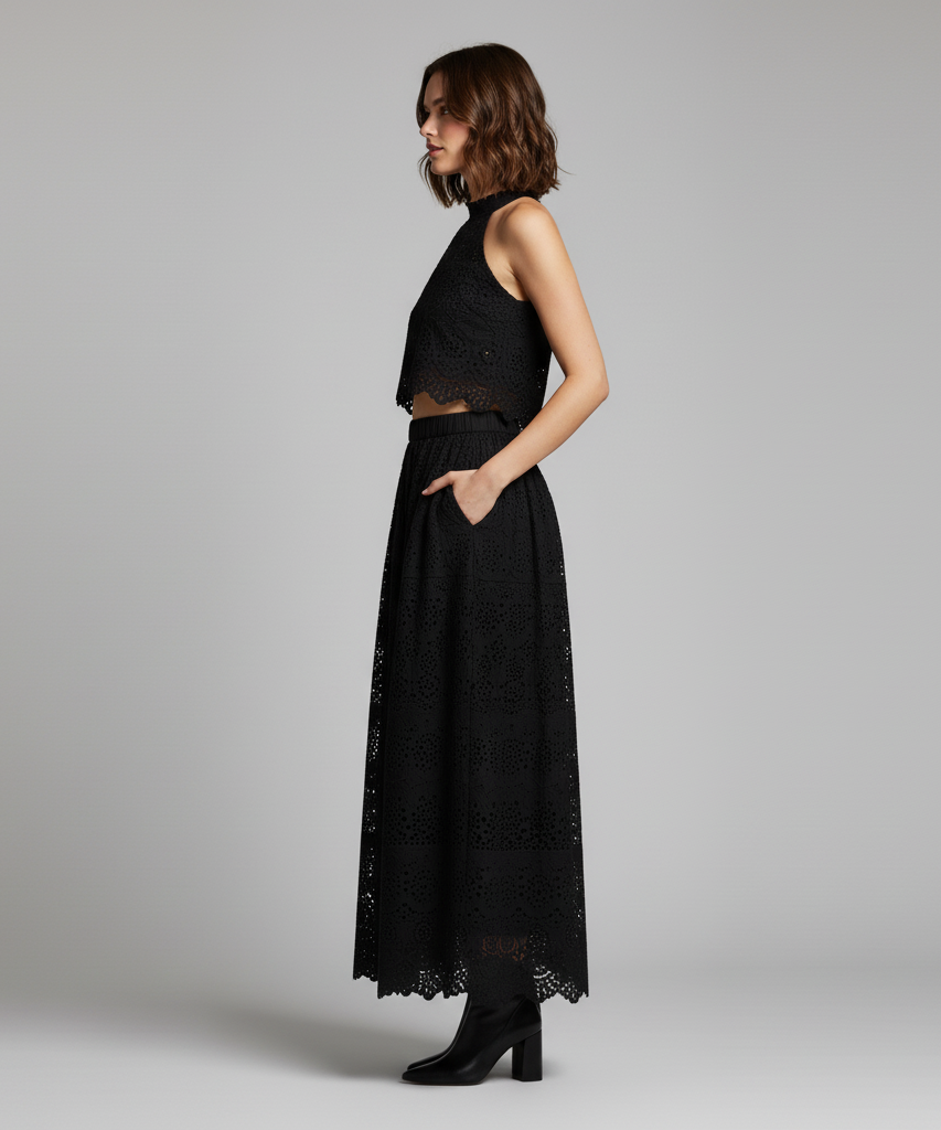 Embroidered Lace Crop Top Set