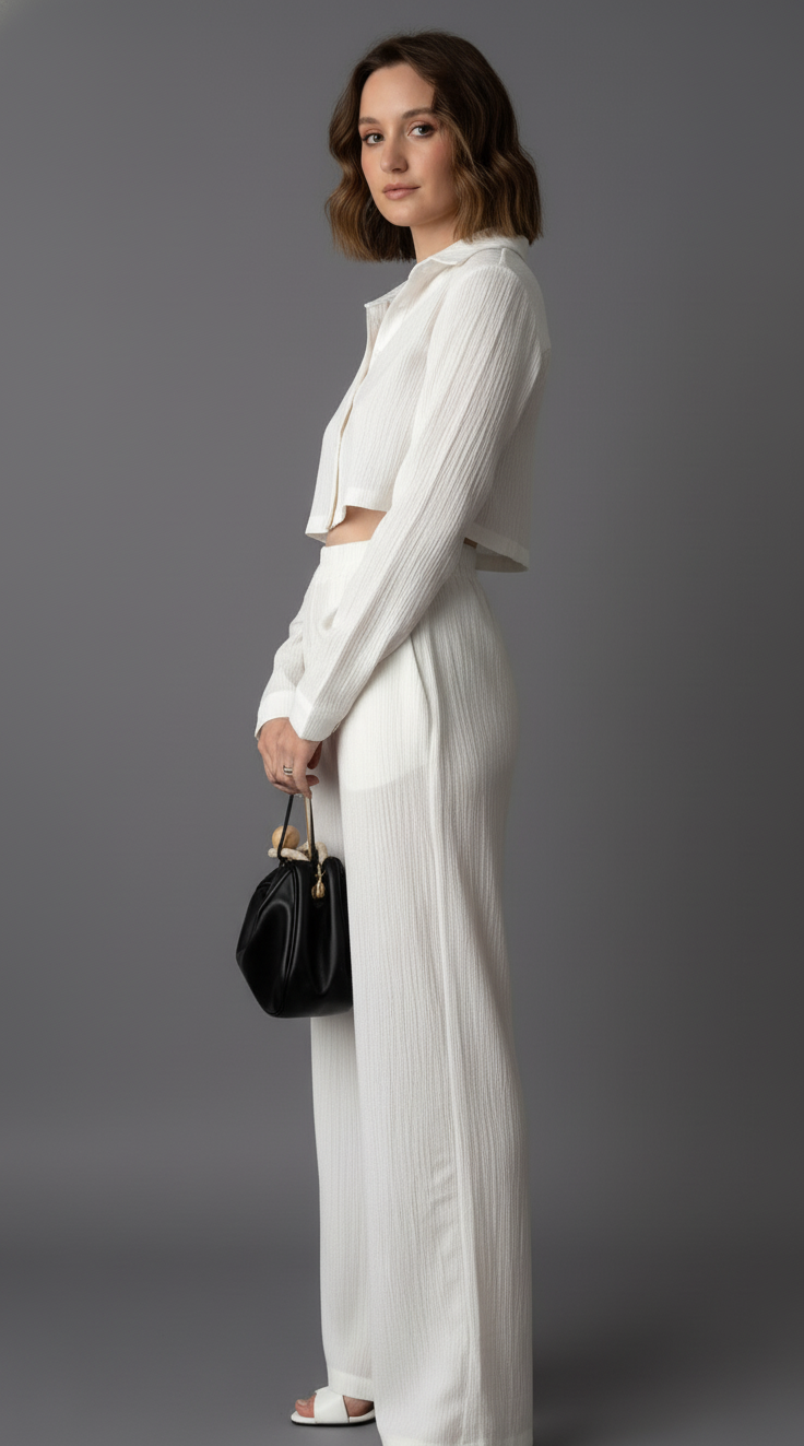 Cropped Long Sleeve Shirt and Relaxed Fit Pants Set