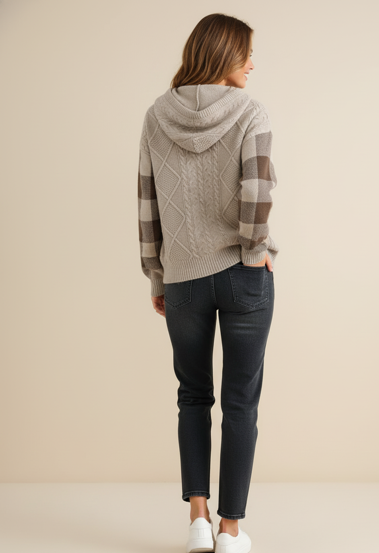 Plaid Sleeve Hooded Knit Sweater