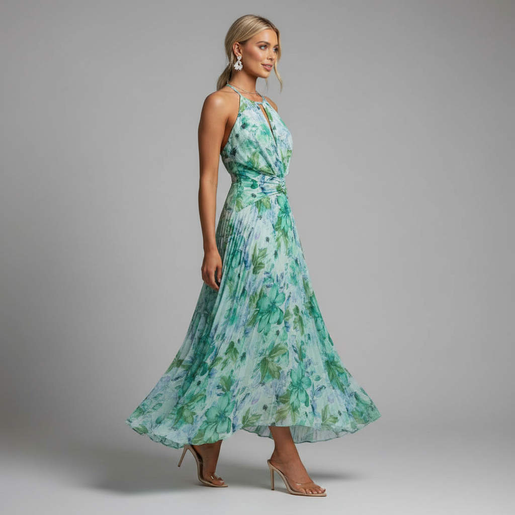 Green Floral Halter Maxi Dress