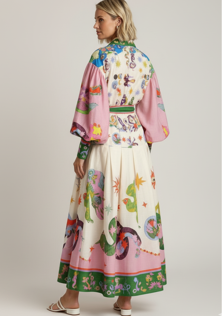 Printed Collar Belted Maxi Dress