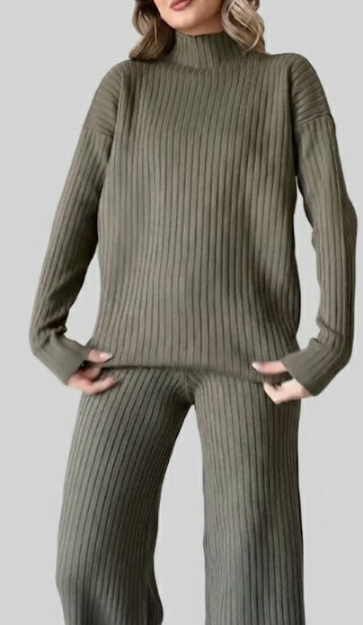 Turtleneck Knit Top and Wide Leg Pants Set