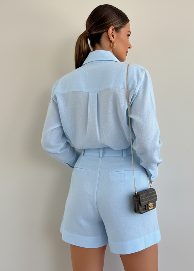 Long Sleeve Button Shirt and Tailored Shorts Set