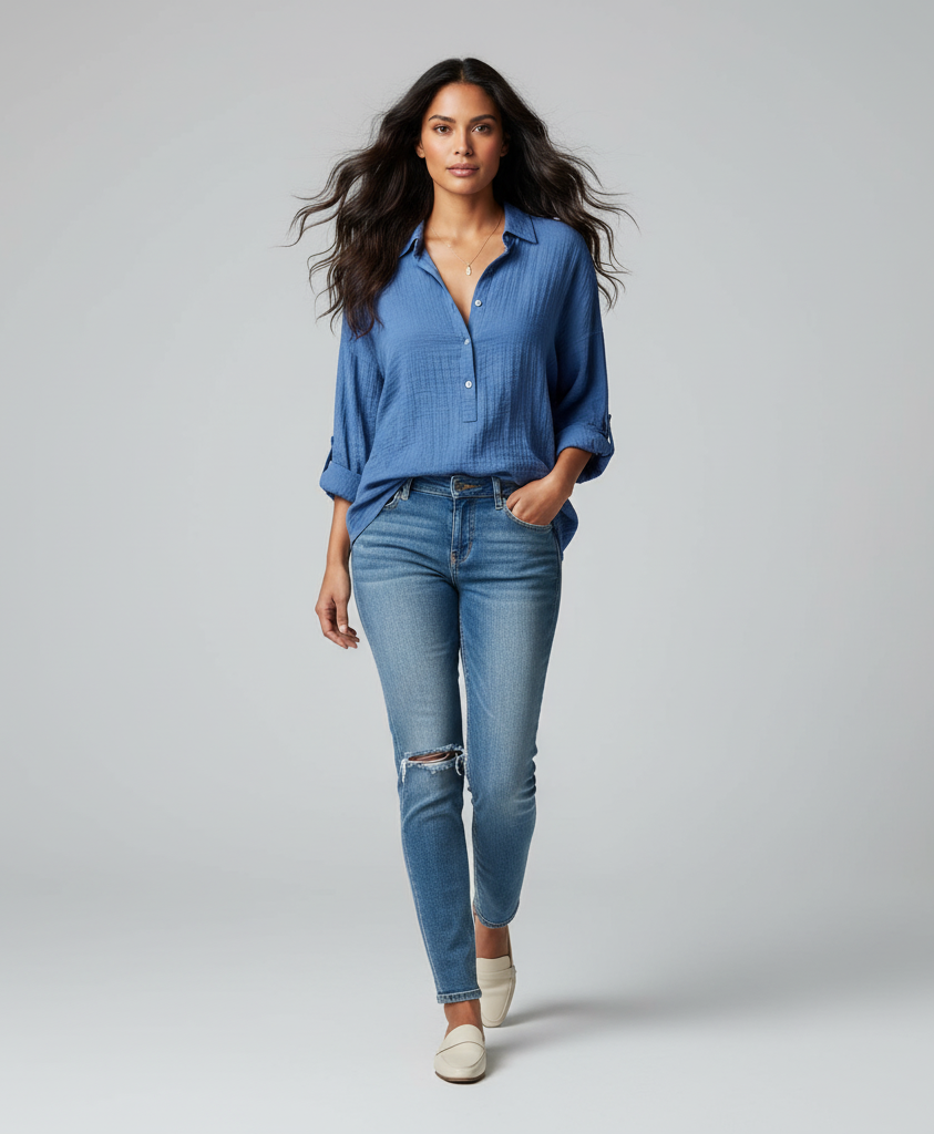 Drape Front V-Neck Long Sleeve Blouse
