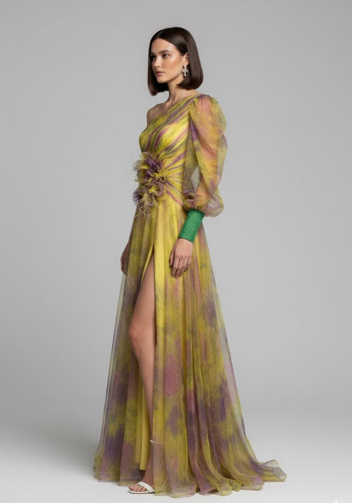 One-Shoulder Floral Tulle Gown