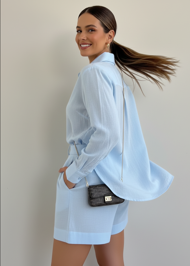 Long Sleeve Button Shirt and Tailored Shorts Set