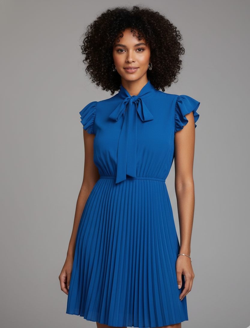 Pleated Tie-Neck Mini Dress